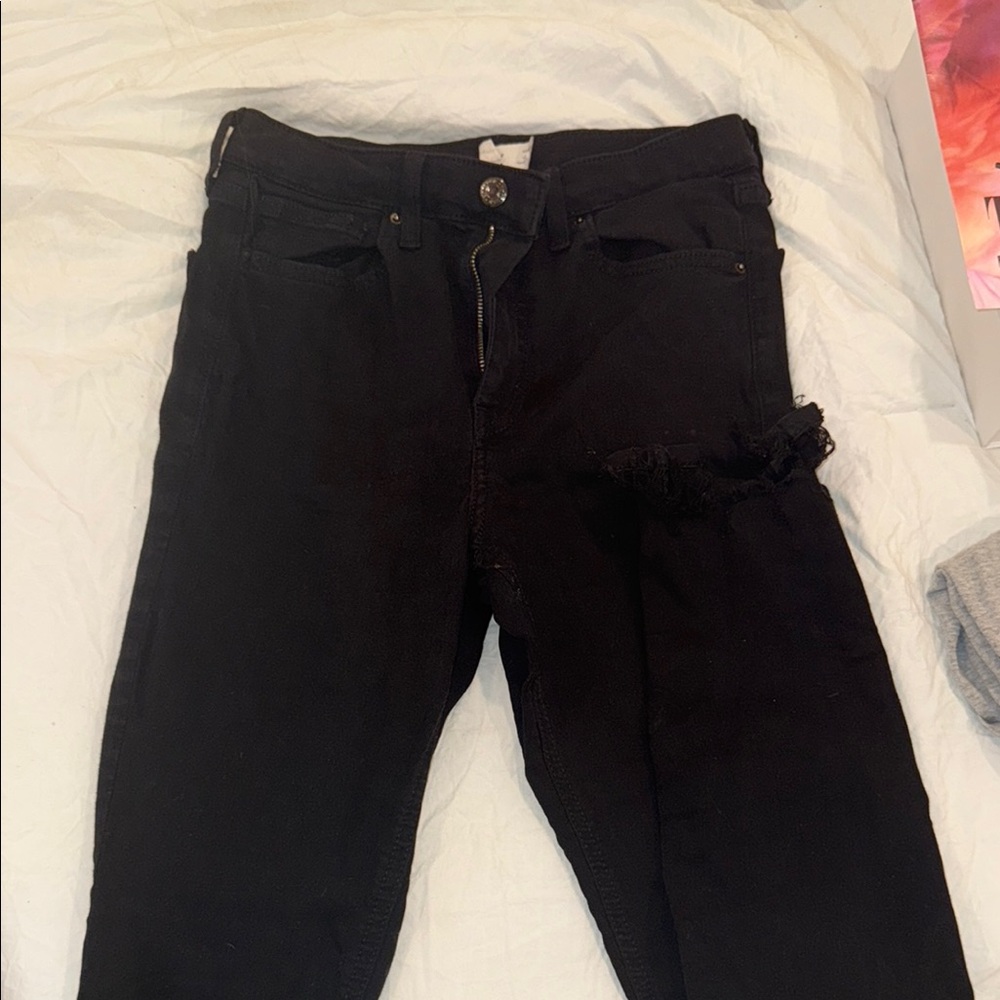 Topshop Black Denim Skinny Jeans with Frayed Bottoms